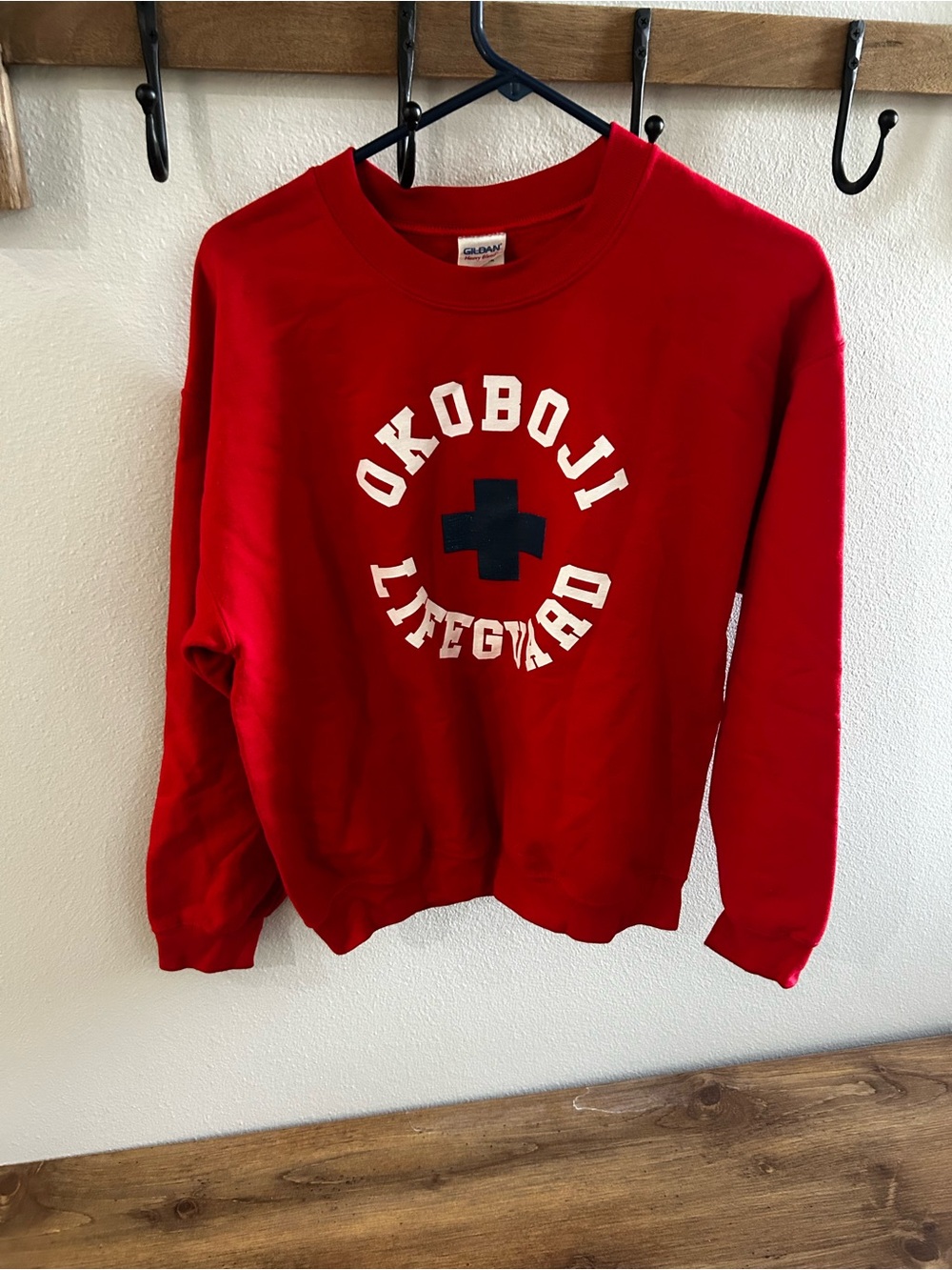 Gildan Red Okoboji Lifeguard Crewneck Sweatshirt with Navy Cross